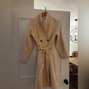 JIEPOTU Women's Cream Double-Breasted Wool Blend Winter Long Coat Peacoat M